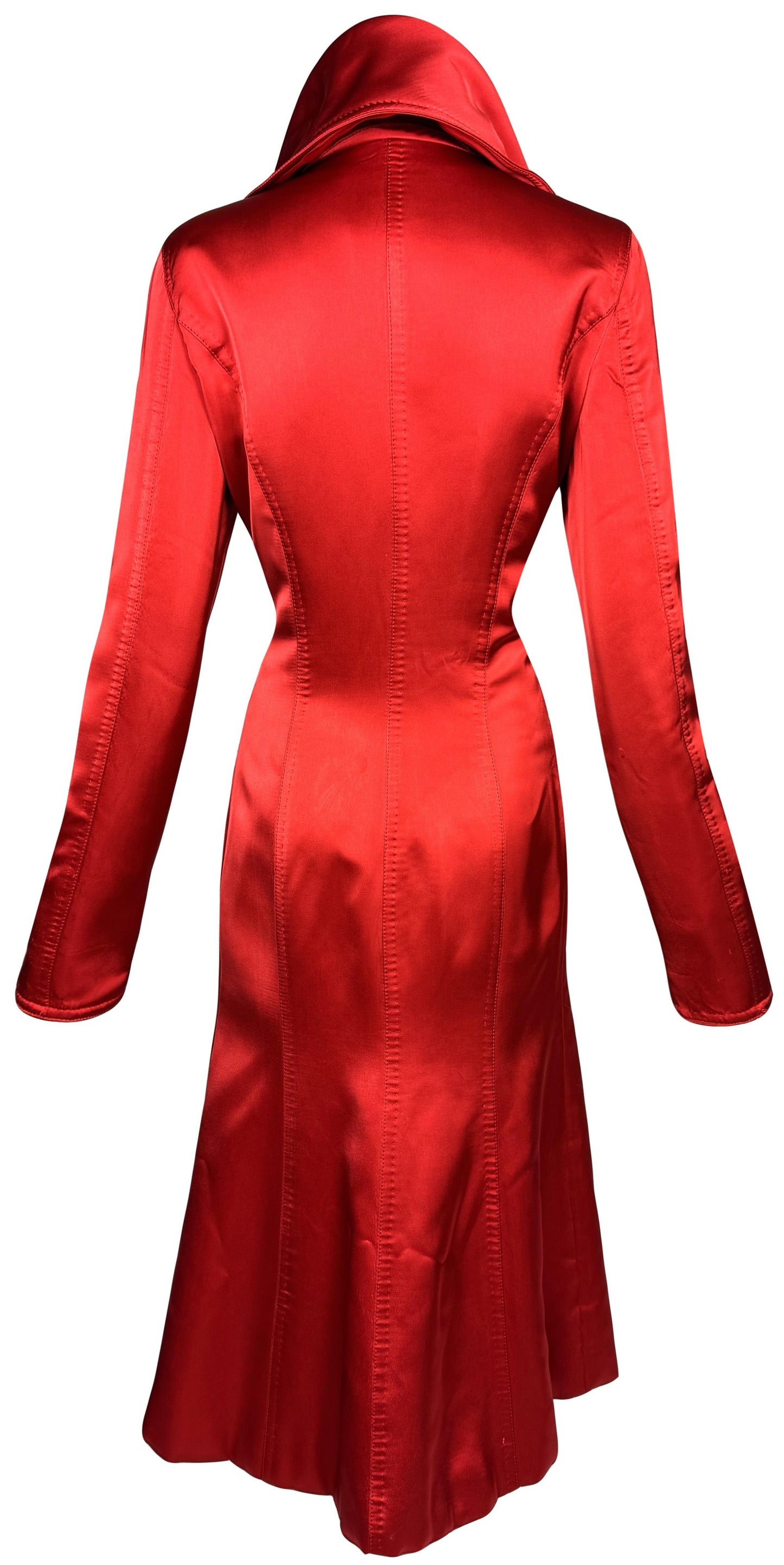F/W 2003 Gianfranco Ferre Runway Red Silk Satin High Collar Fitted Maxi Coat Dress Jacket