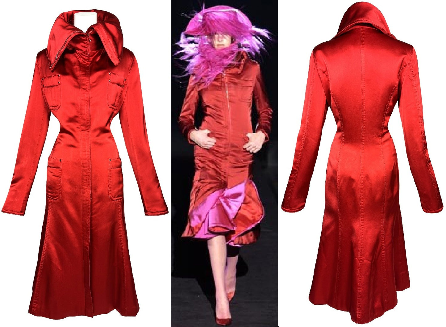 F/W 2003 Gianfranco Ferre Runway Red Silk Satin High Collar Fitted Maxi Coat Dress Jacket