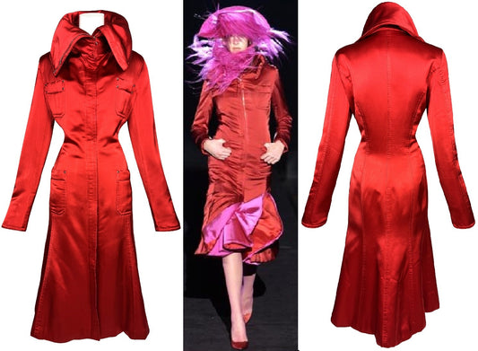 F/W 2003 Gianfranco Ferre Runway Red Silk Satin High Collar Fitted Maxi Coat Dress Jacket