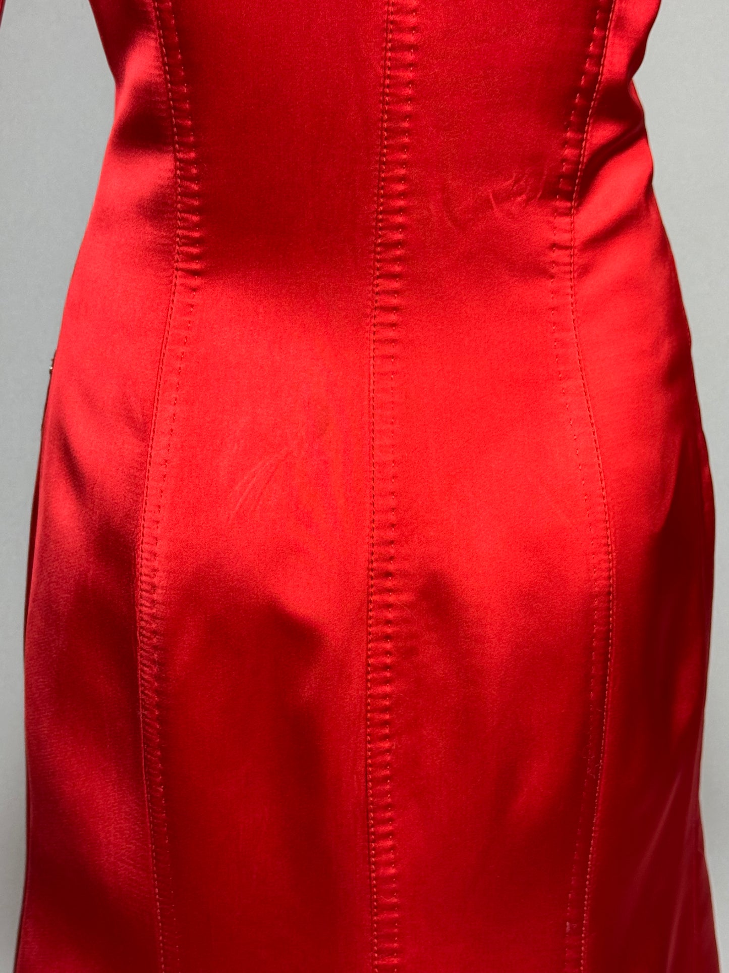 F/W 2003 Gianfranco Ferre Runway Red Silk Satin High Collar Fitted Maxi Coat Dress Jacket