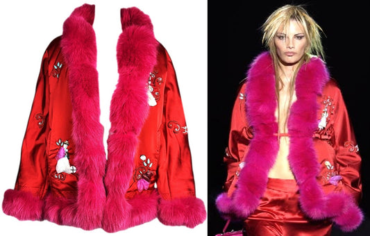 F/W 2003 Gianfranco Ferre Runway Red Silk & Hot Pink Fox Fur Beaded Embellished Coat Jacket