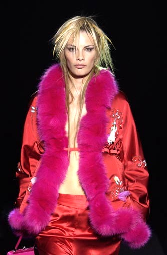 F/W 2003 Gianfranco Ferre Runway Red Silk & Hot Pink Fox Fur Beaded Embellished Coat Jacket