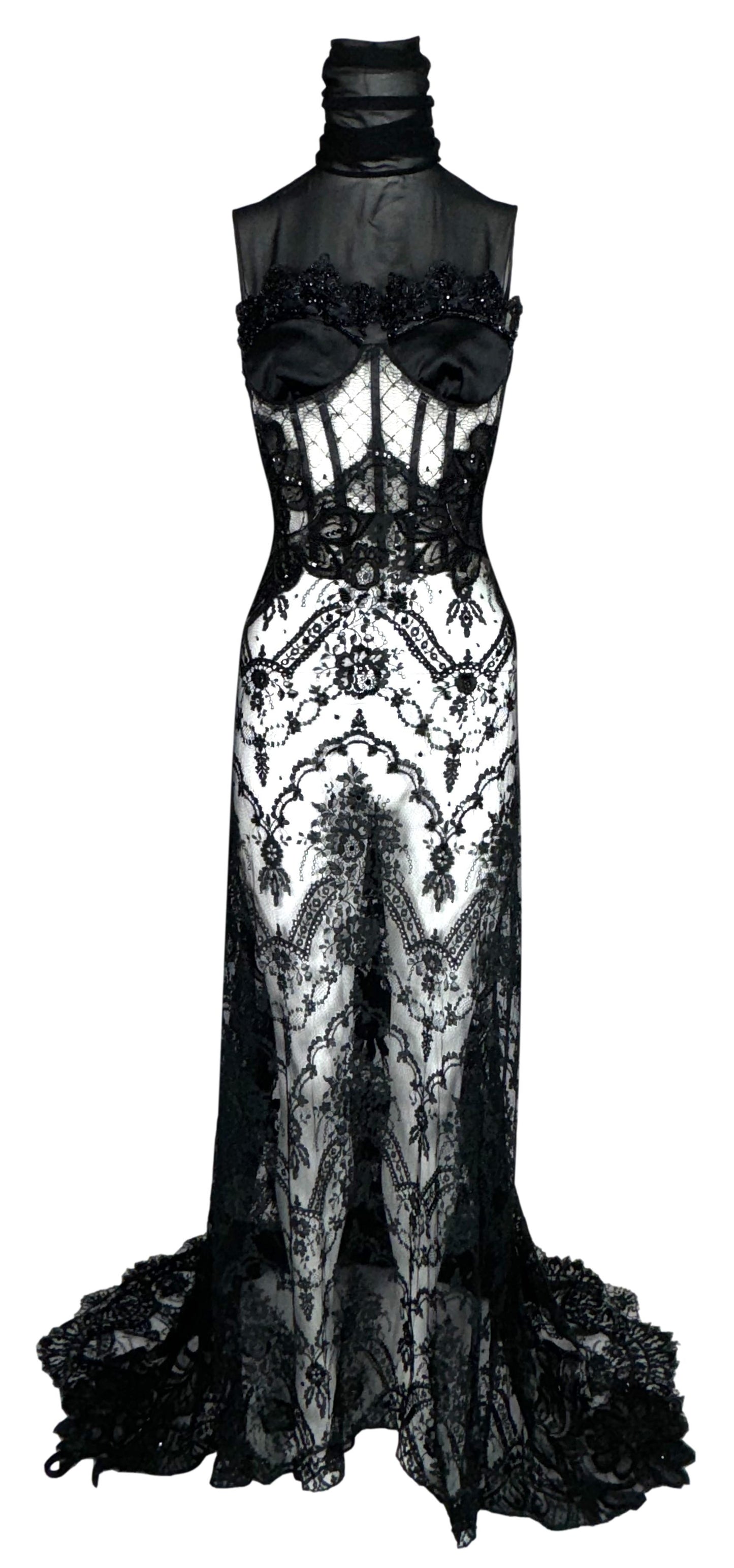 F/W 2003 Gianfranco Ferre Runway Sheer Black Goth Queen High Neck Black Lace & Mesh Gown Dress w Train