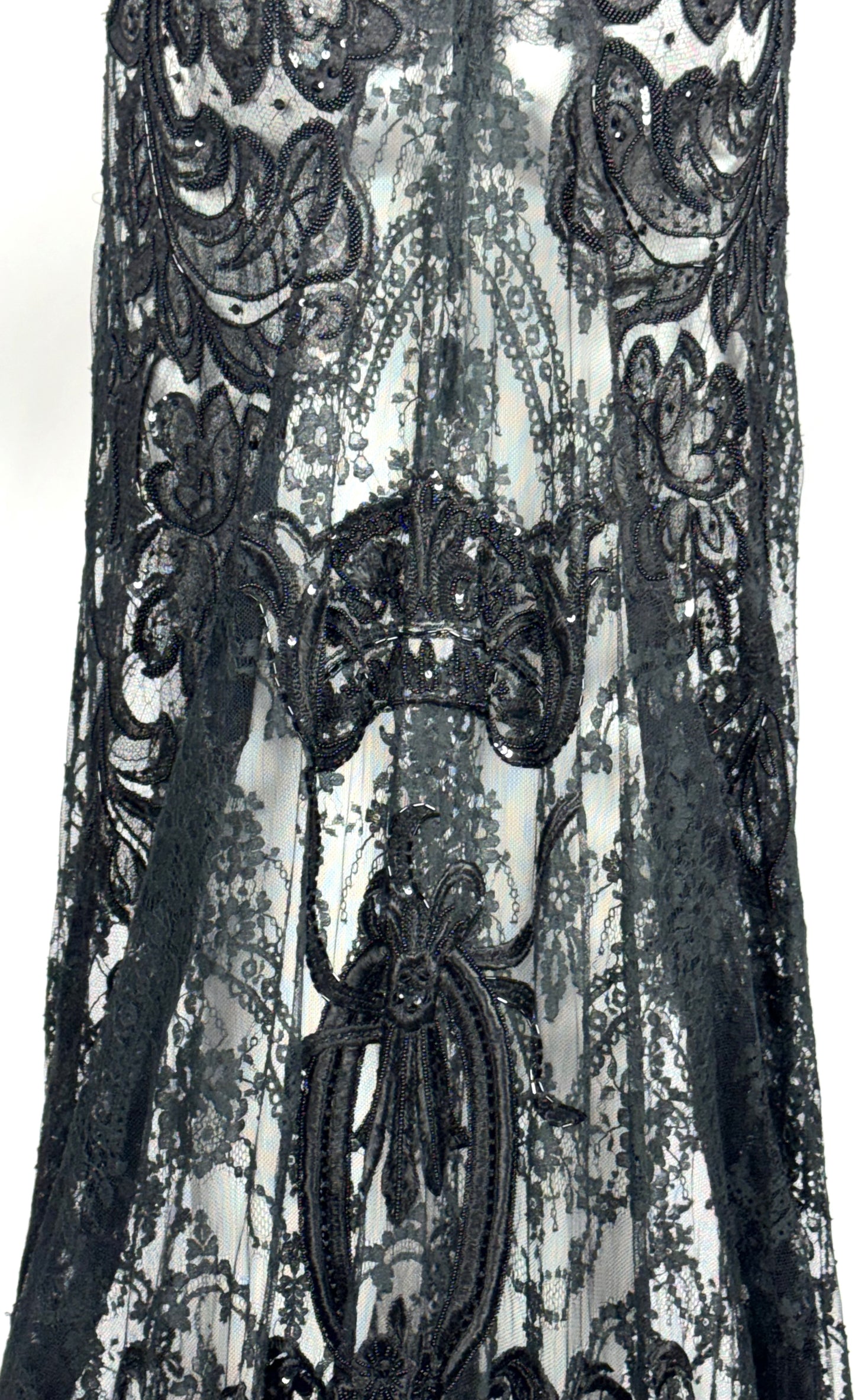 F/W 2003 Gianfranco Ferre Runway Sheer Black Goth Queen High Neck Black Lace & Mesh Gown Dress w Train