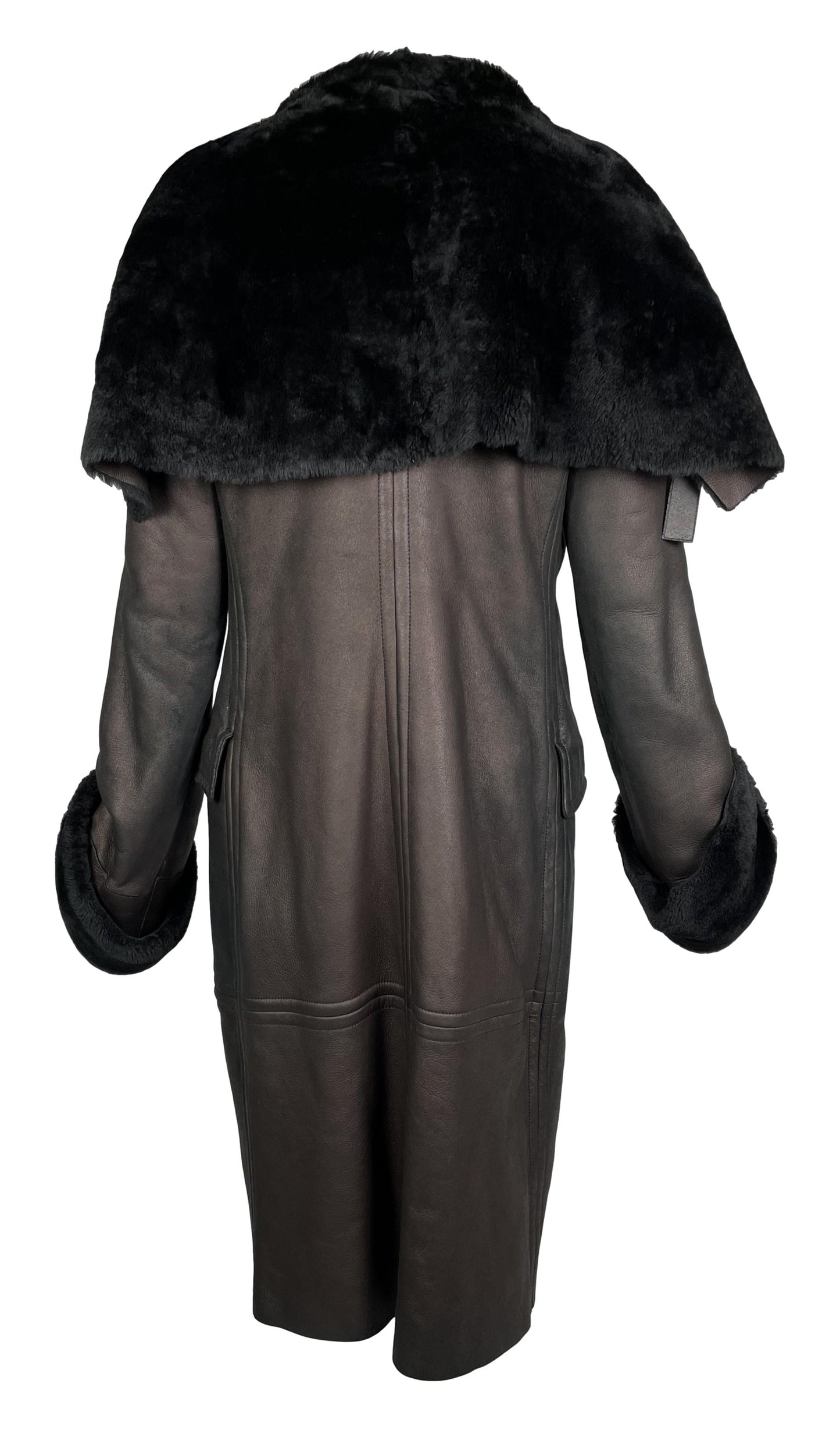 F/W 2003 Gucci by Tom Ford Bronze Brown Leather Shearling Gold Buckles Long Coat