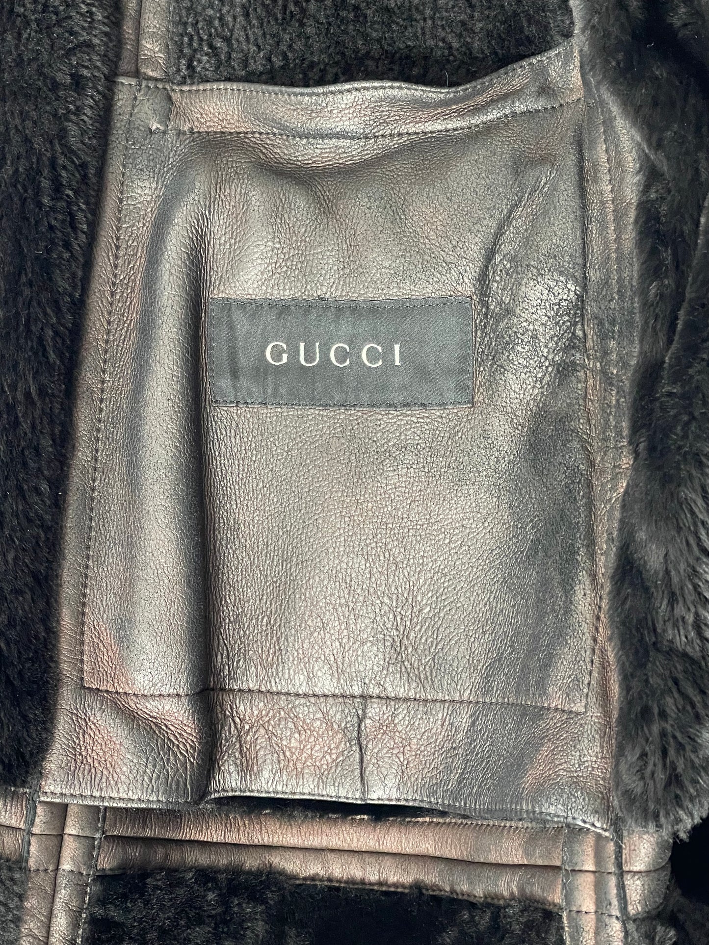 F/W 2003 Gucci by Tom Ford Bronze Brown Leather Shearling Gold Buckles Long Coat