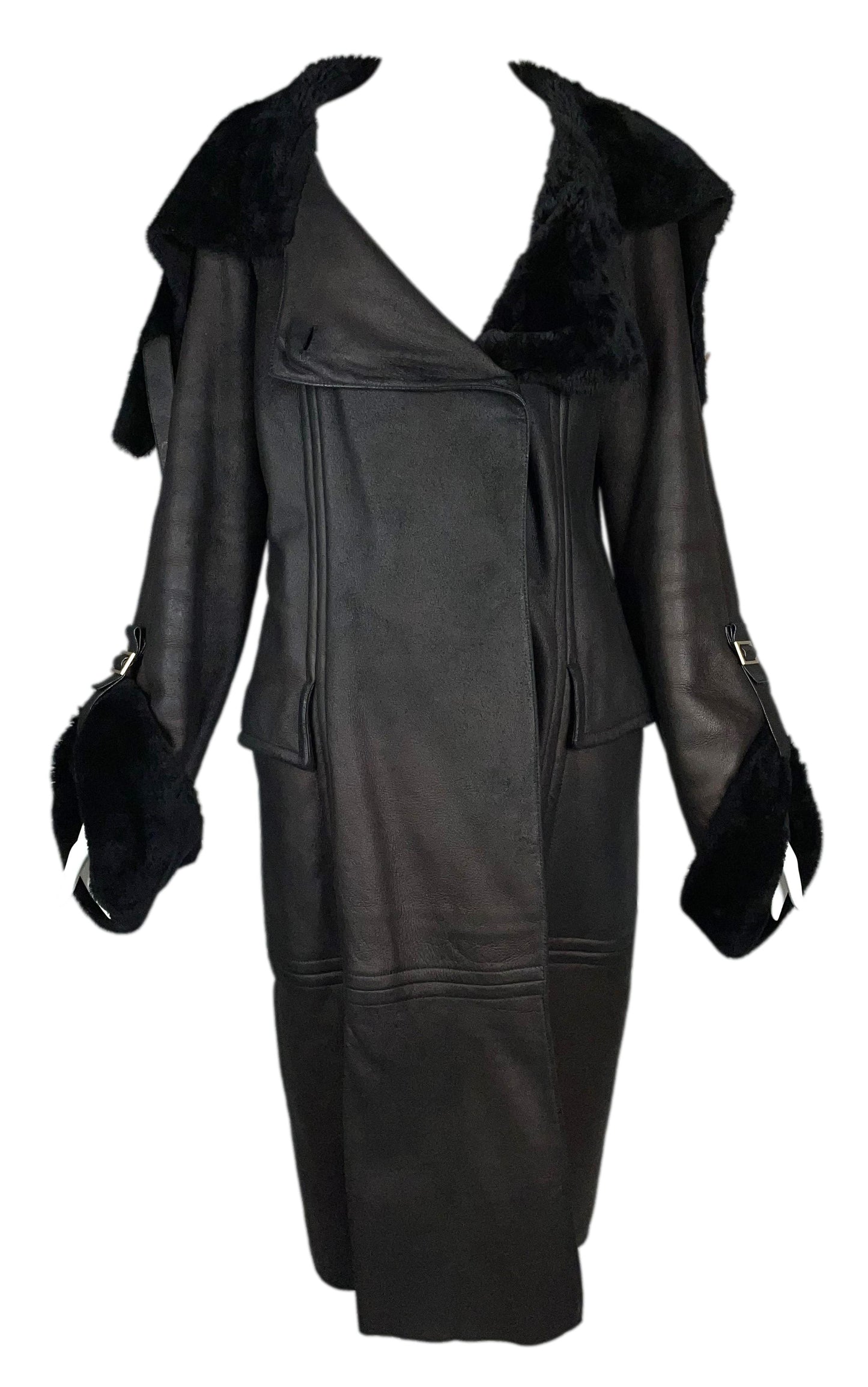 F/W 2003 Gucci by Tom Ford Bronze Brown Leather Shearling Gold Buckles Long Coat