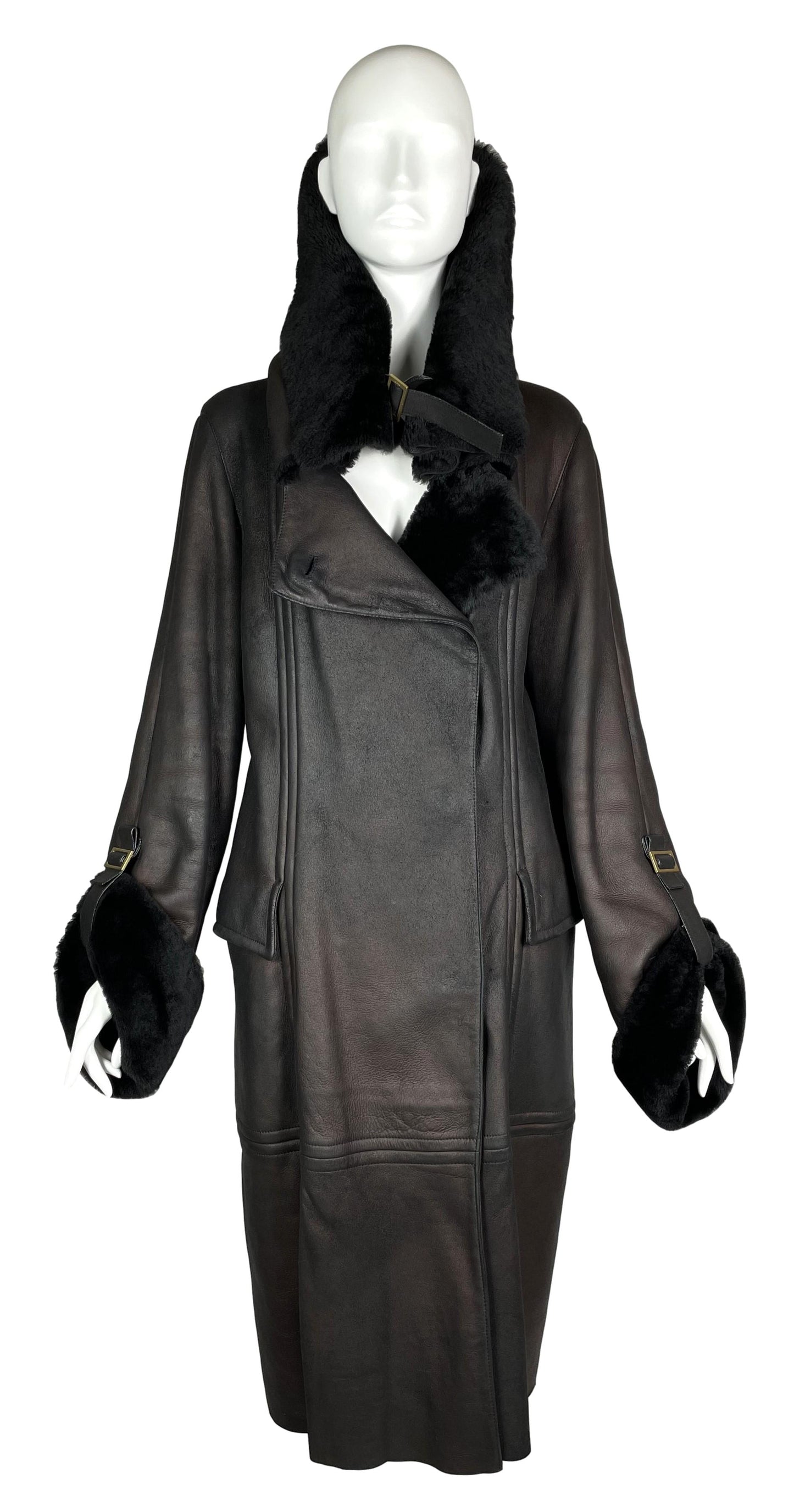 F/W 2003 Gucci by Tom Ford Bronze Brown Leather Shearling Gold Buckles Long Coat