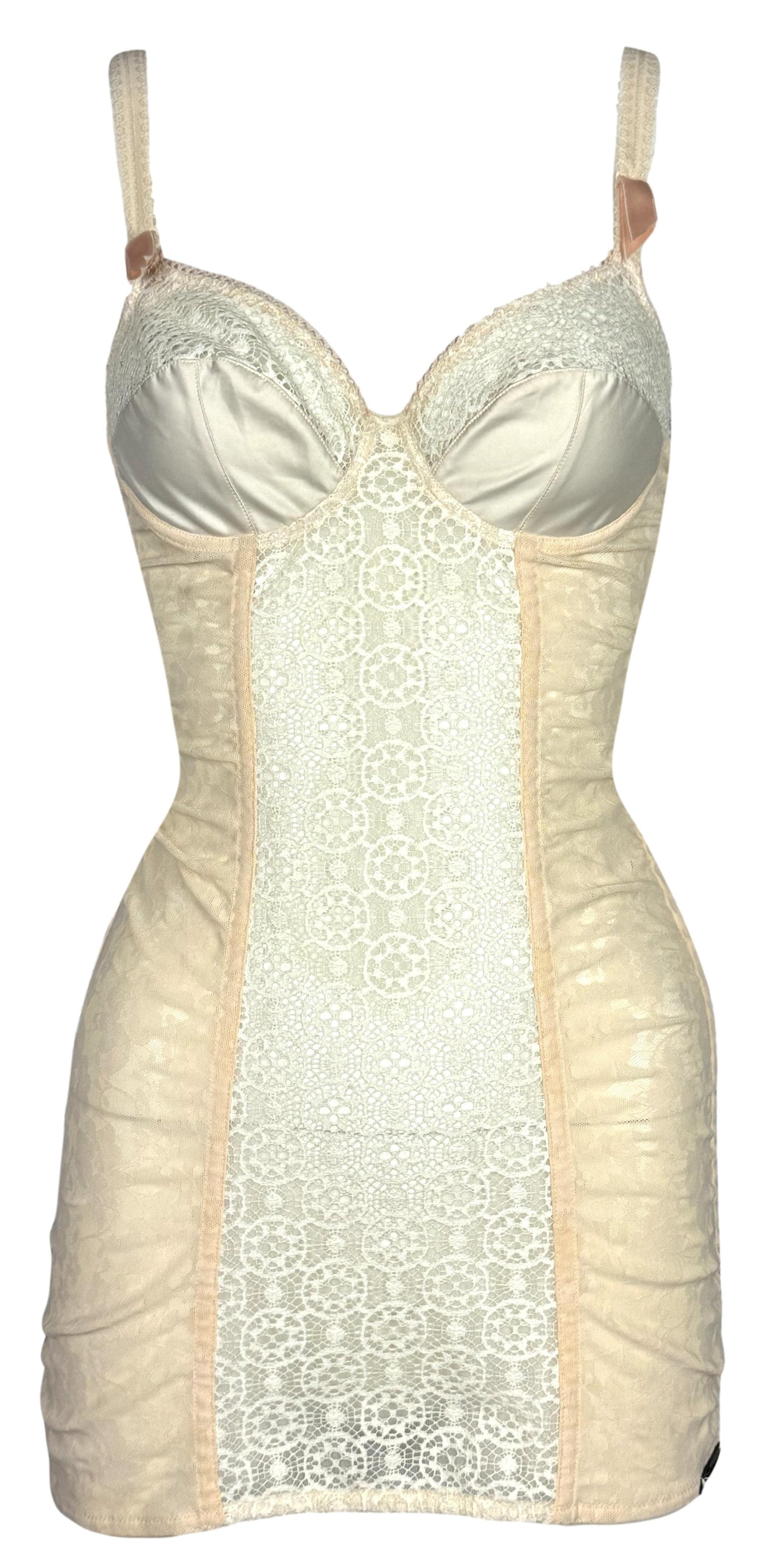 F/W 2003 John Galliano 1940's Pin-Up Style Nude Lace Mesh Bodycon Mini Dress