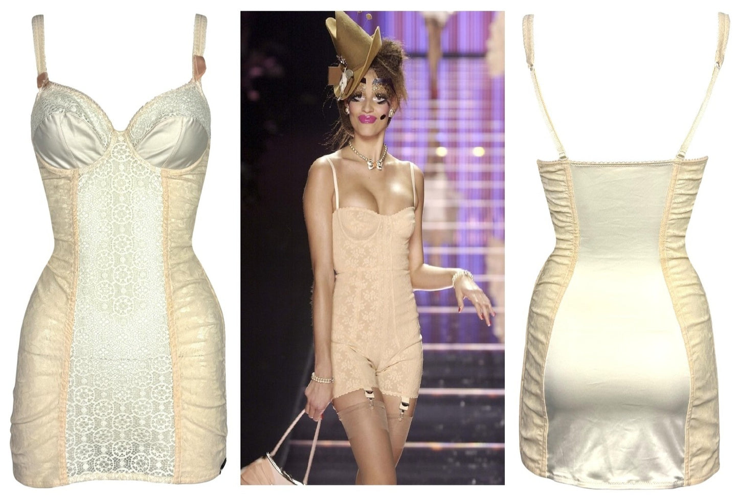 F/W 2003 John Galliano 1940's Pin-Up Style Nude Lace Mesh Bodycon Mini Dress