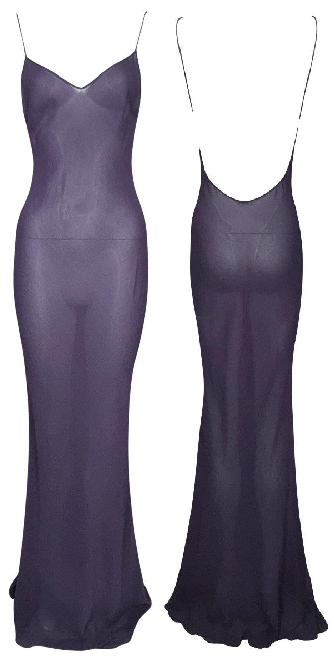 F/W 2003 John Galliano Sheer Purple Silk Plunging Backless Mermaid Maxi Slip Dress