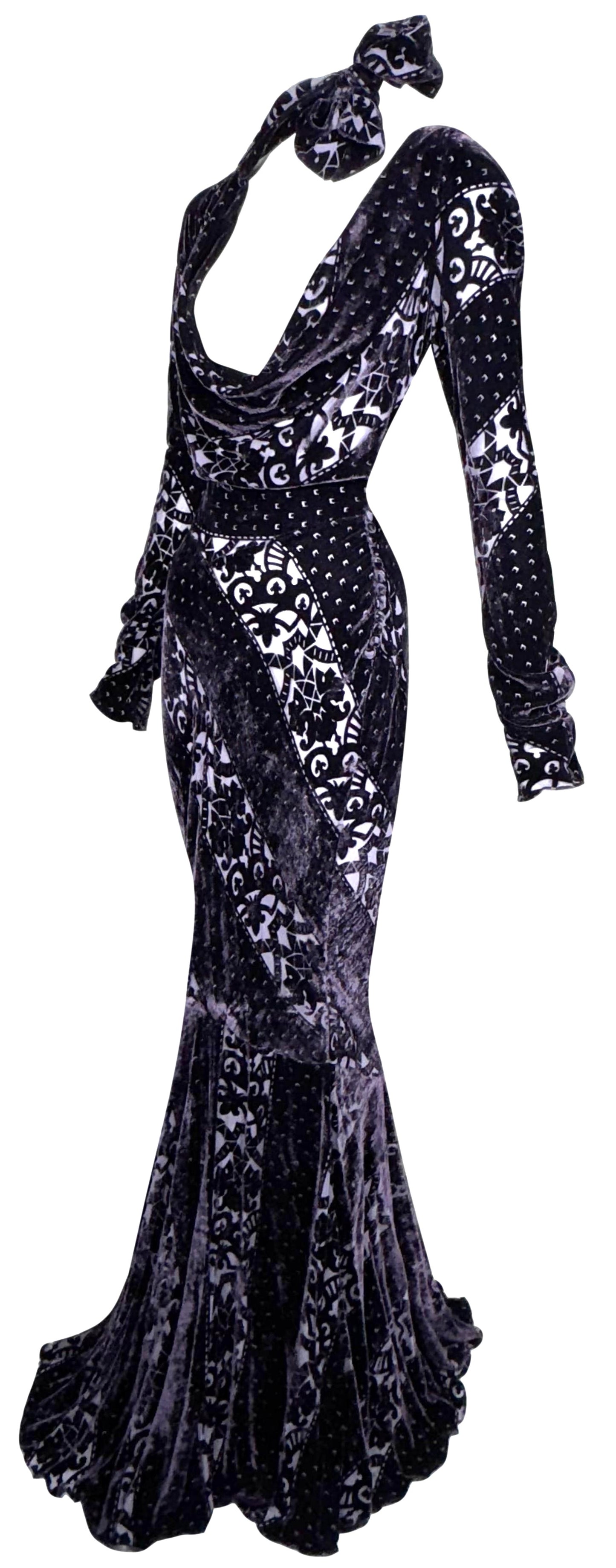 F/W 2003 John Galliano Plunging Sheer Purple Velvet Old Hollywood 1940's Pin-Up Style L/S Choker Sash Mermaid Gown Dress
