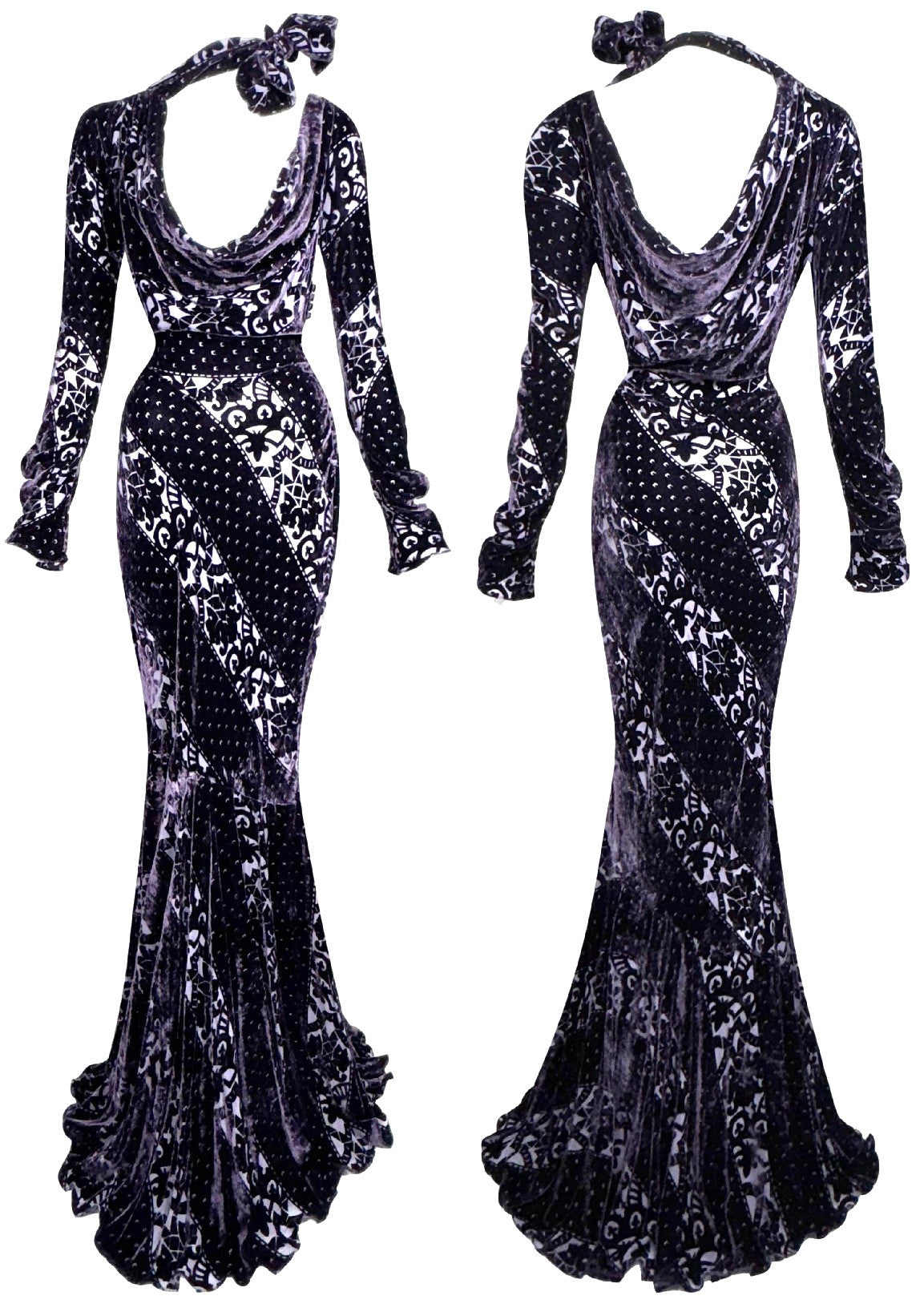 F/W 2003 John Galliano Plunging Sheer Purple Velvet Old Hollywood 1940's Pin-Up Style L/S Choker Sash Mermaid Gown Dress