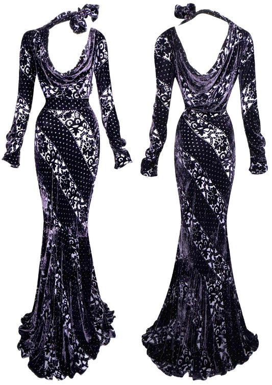 F/W 2003 John Galliano Plunging Sheer Purple Velvet Old Hollywood 1940's Pin-Up Style L/S Choker Sash Mermaid Gown Dress