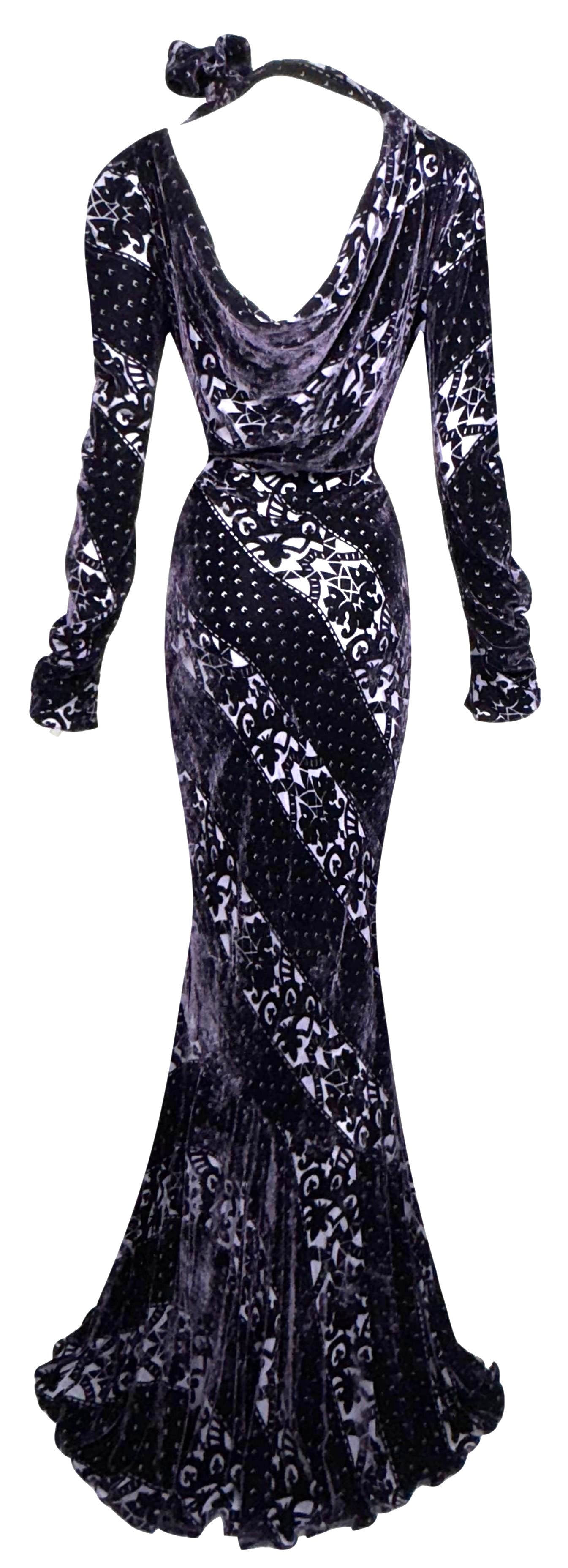 F/W 2003 John Galliano Plunging Sheer Purple Velvet Old Hollywood 1940's Pin-Up Style L/S Choker Sash Mermaid Gown Dress