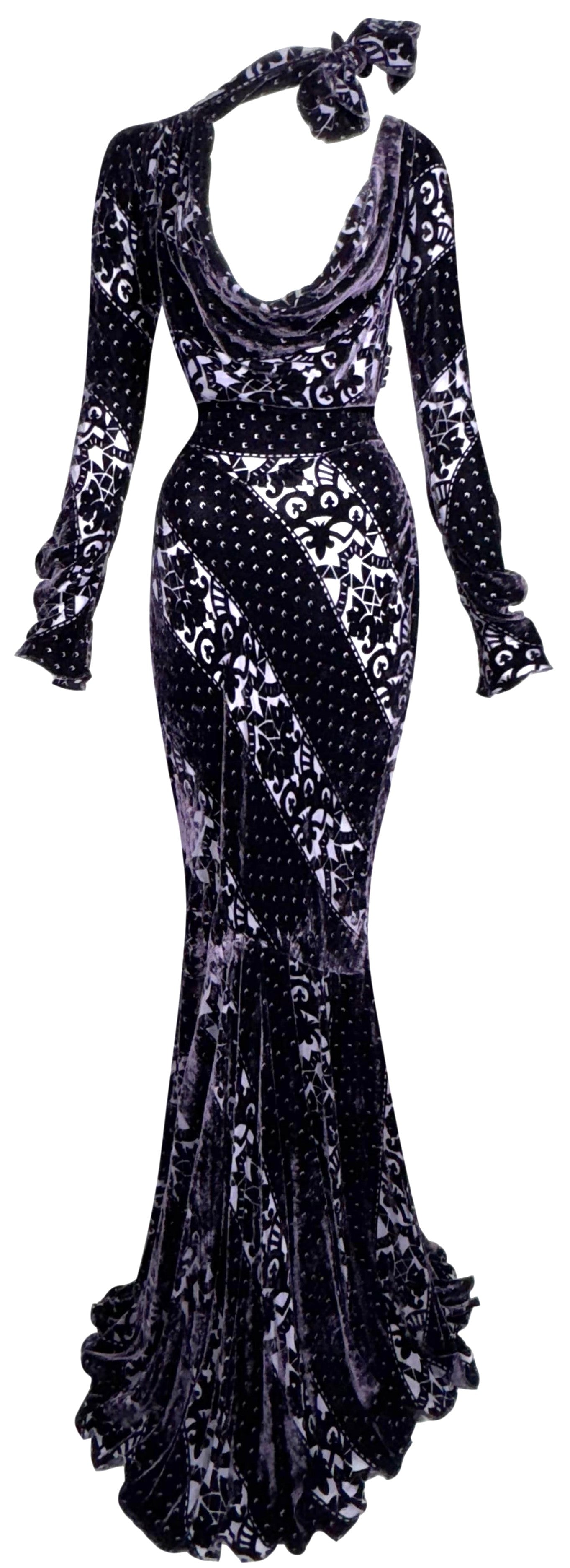 F/W 2003 John Galliano Plunging Sheer Purple Velvet Old Hollywood 1940's Pin-Up Style L/S Choker Sash Mermaid Gown Dress