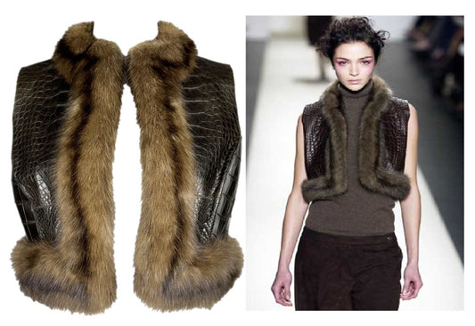 NWT F/W 2003 Oscar de la Renta Runway Brown Crocodile Alligator & Sable Fur Cropped Vest Jacket Top