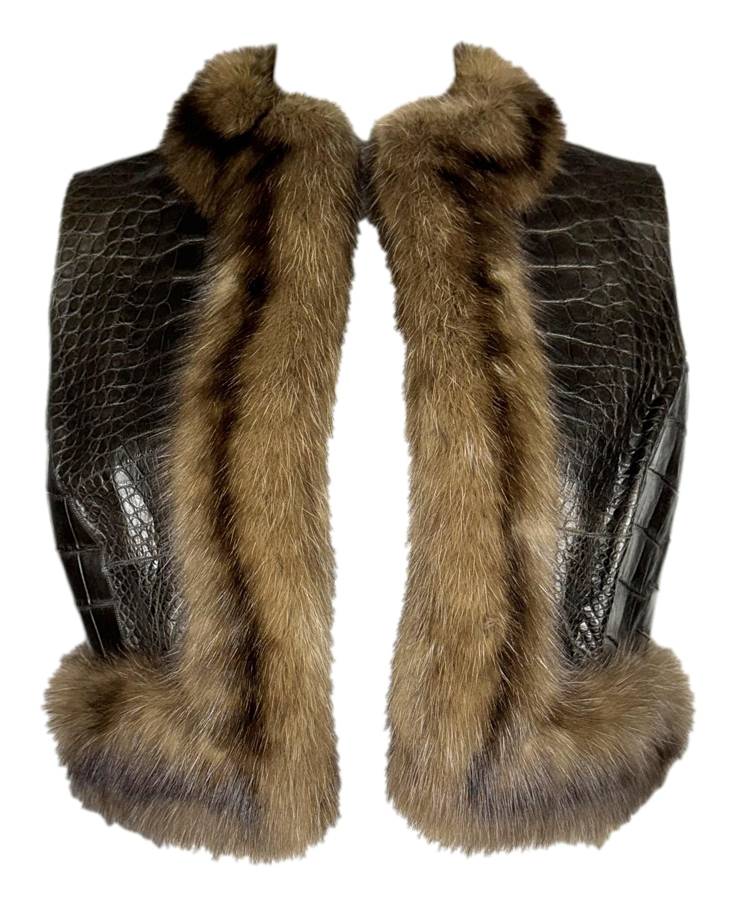 NWT F/W 2003 Oscar de la Renta Runway Brown Crocodile Alligator & Sable Fur Cropped Vest Jacket Top