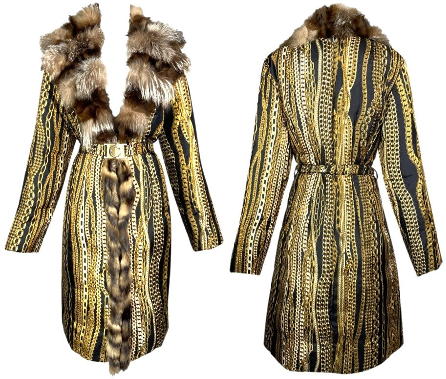 F/W 2003 Roberto Cavalli Gold Chain Print Silk Puffer Coat Jacket Fox Fur Collar