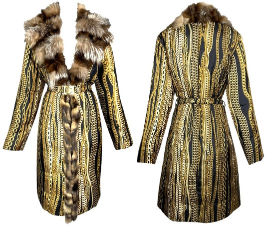F/W 2003 Roberto Cavalli Gold Chain Print Silk Puffer Coat Jacket Fox Fur Collar