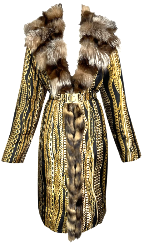 F/W 2003 Roberto Cavalli Gold Chain Print Silk Puffer Coat Jacket Fox Fur Collar