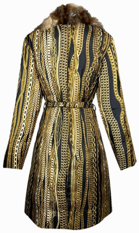F/W 2003 Roberto Cavalli Gold Chain Print Silk Puffer Coat Jacket Fox Fur Collar