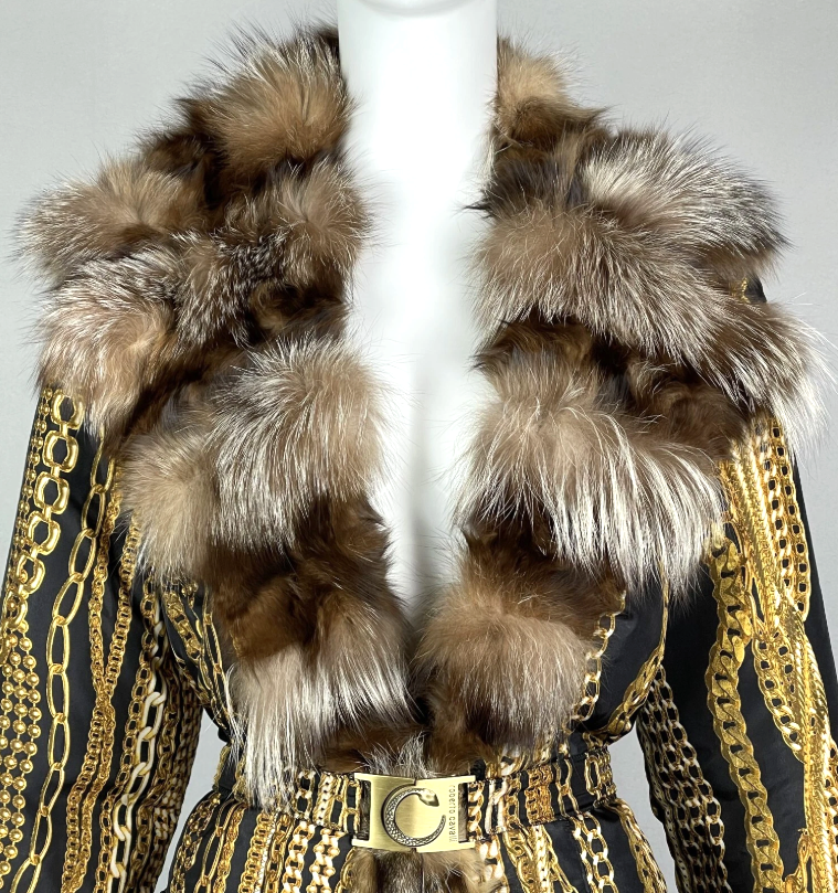 F/W 2003 Roberto Cavalli Gold Chain Print Silk Puffer Coat Jacket Fox Fur Collar