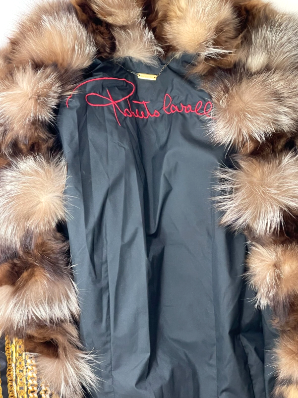 F/W 2003 Roberto Cavalli Gold Chain Print Silk Puffer Coat Jacket Fox Fur Collar