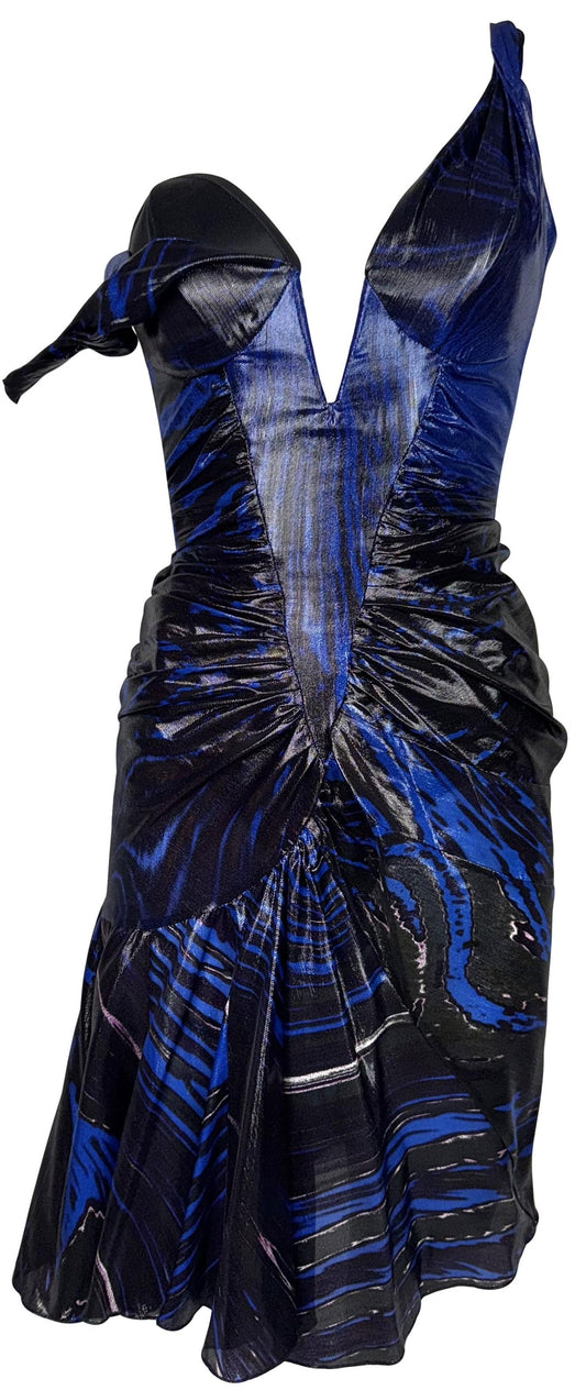 F/W 2003 Roberto Cavalli Runway Plunging Bustier Black & Blue Rockstar Off Shoulder Mini Dress
