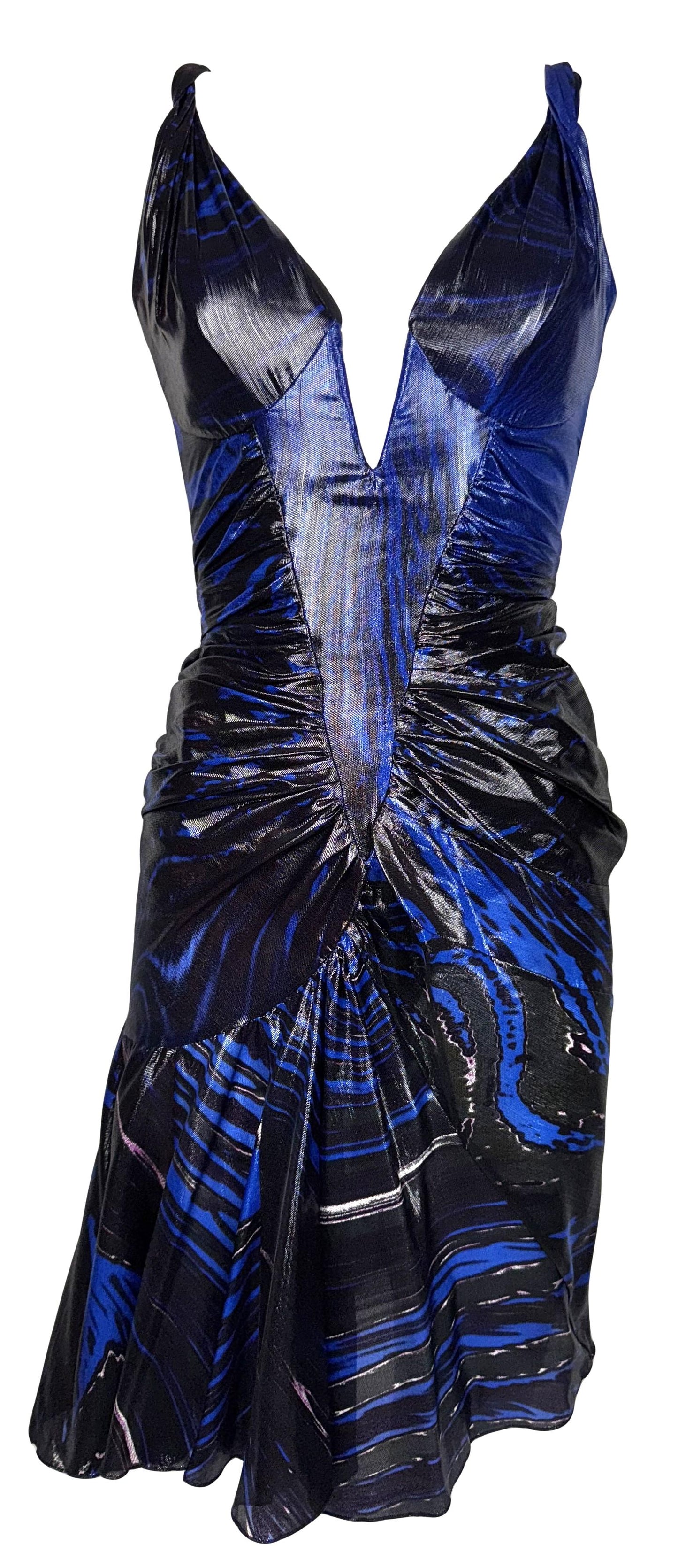 F/W 2003 Roberto Cavalli Runway Plunging Bustier Black & Blue Rockstar Off Shoulder Mini Dress