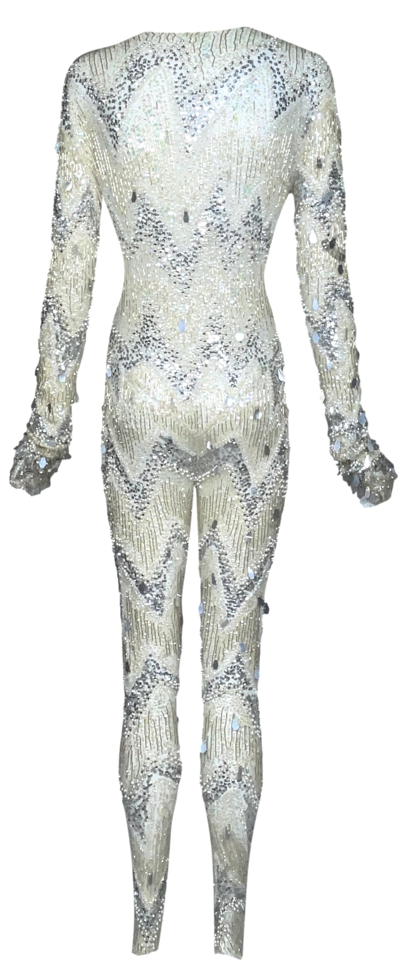 EXTREMELY RARE F/W 2003 Roberto Cavalli Runway Sheer Ivory Mesh Plunging Crystal Beaded Jumpsuit