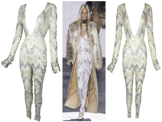 EXTREMELY RARE F/W 2003 Roberto Cavalli Runway Sheer Ivory Mesh Plunging Crystal Beaded Jumpsuit