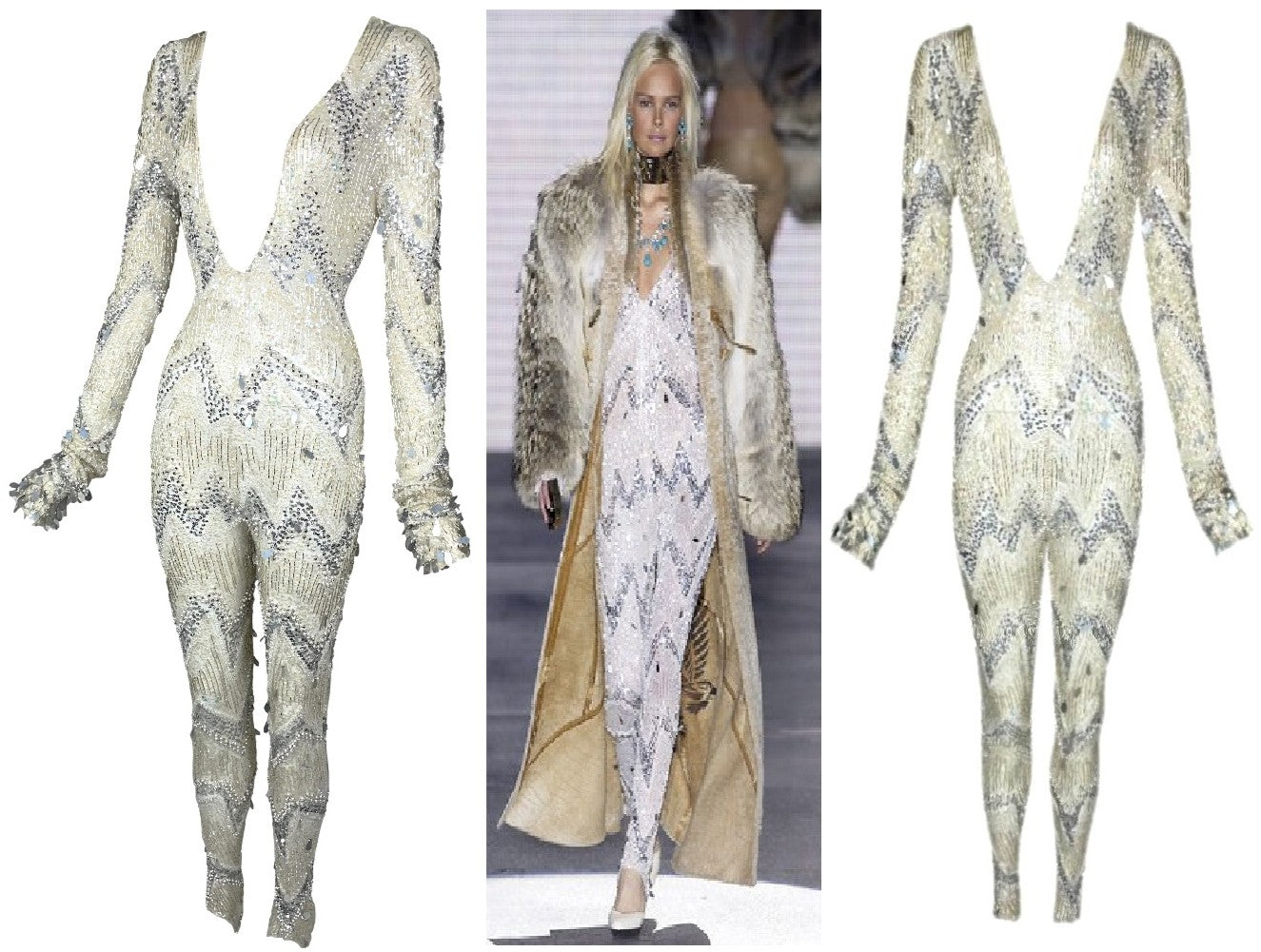 EXTREMELY RARE F/W 2003 Roberto Cavalli Runway Sheer Ivory Mesh Plunging Crystal Beaded Jumpsuit