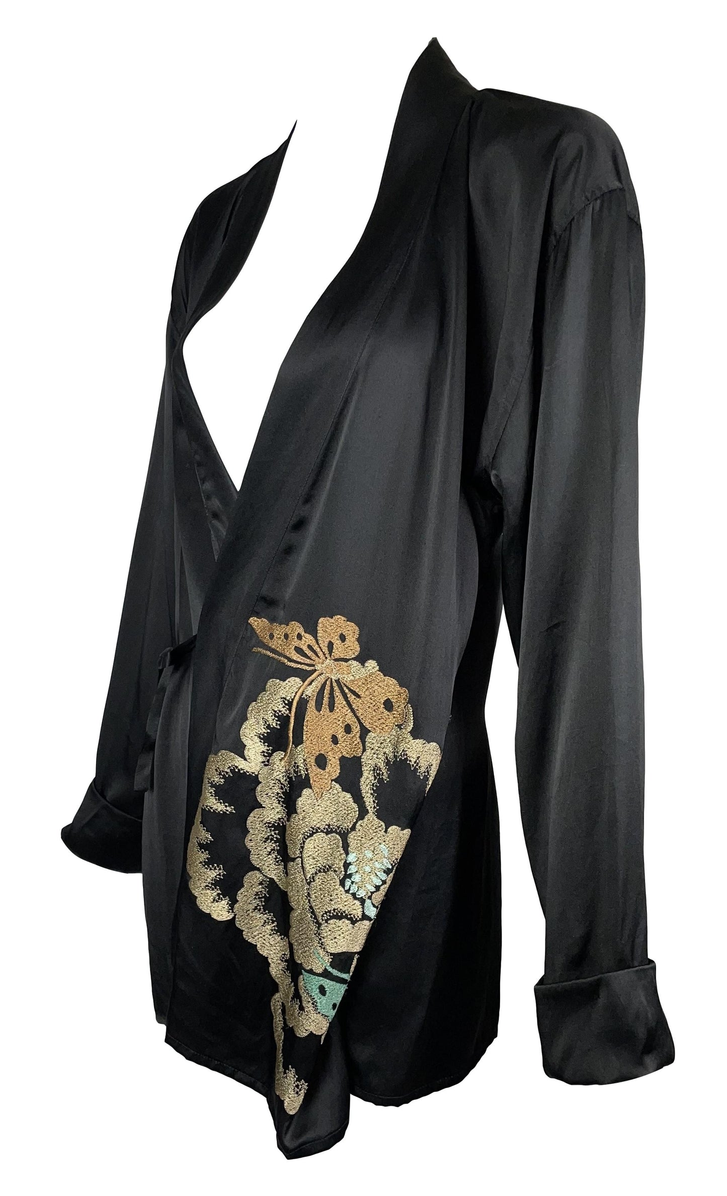 2003 Gucci by Tom Ford Black Silk Butterfly Embroidered Wrap Jacket Robe