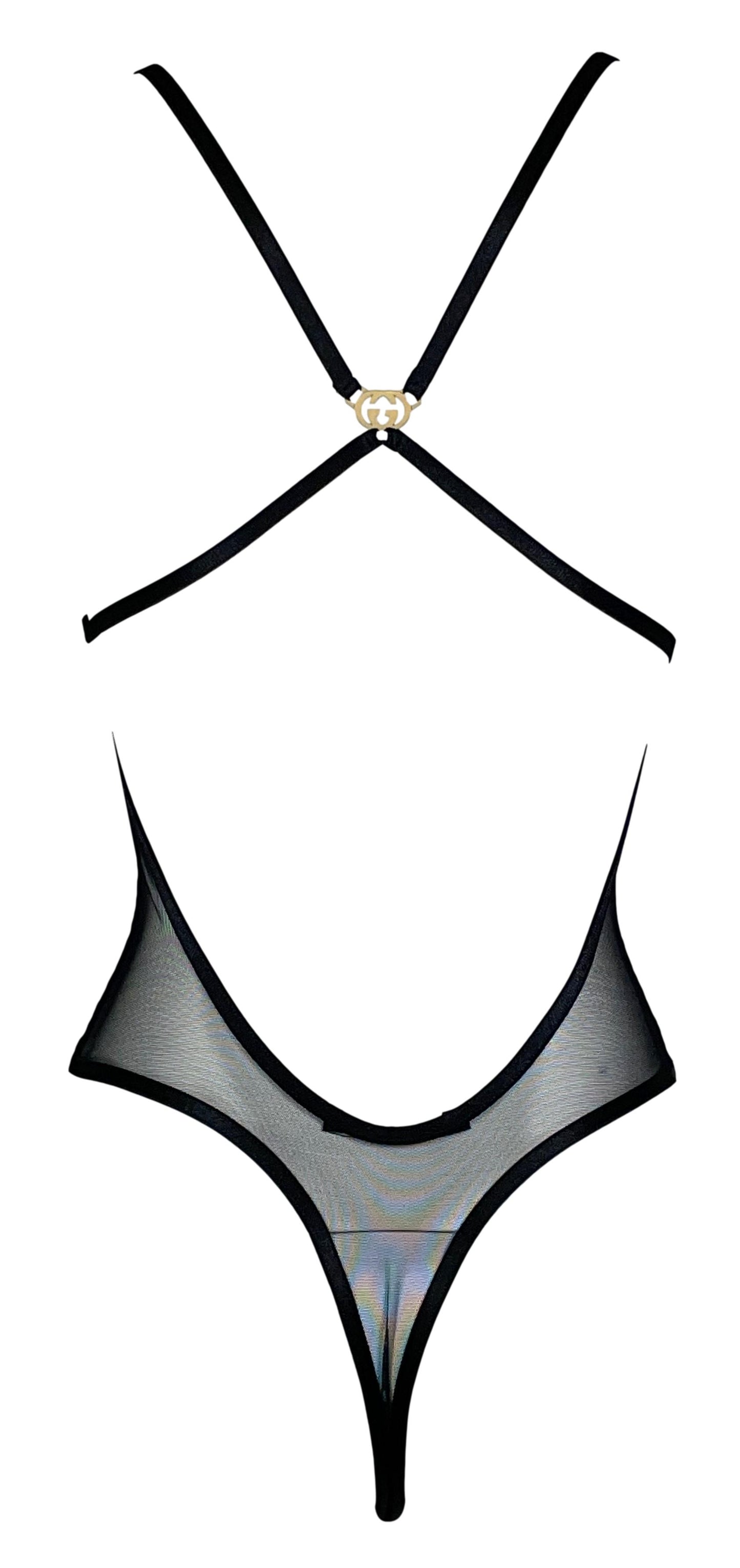 2003 Gucci by Tom Ford Sheer Black Mesh Bondage Bodysuit Lingerie