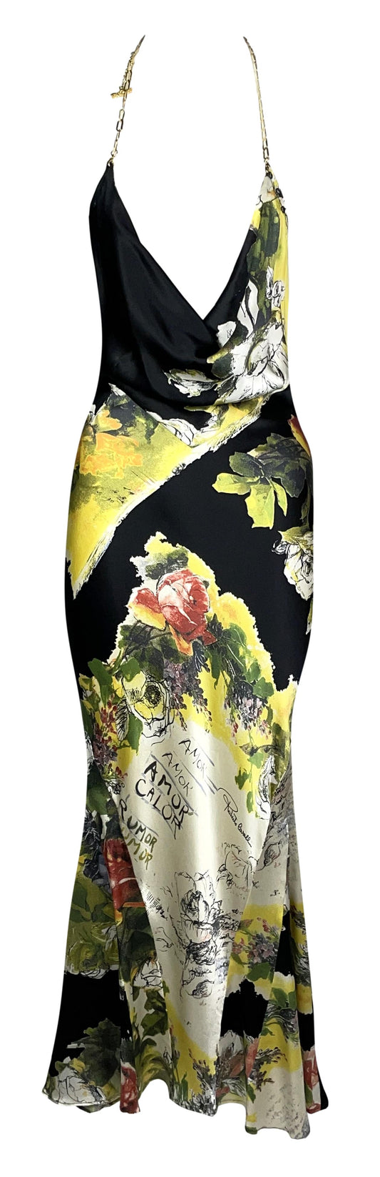 2003 Roberto Cavalli Plunging Black Amor Print Silk Mermaid Maxi Dress w Gold Chain Strap