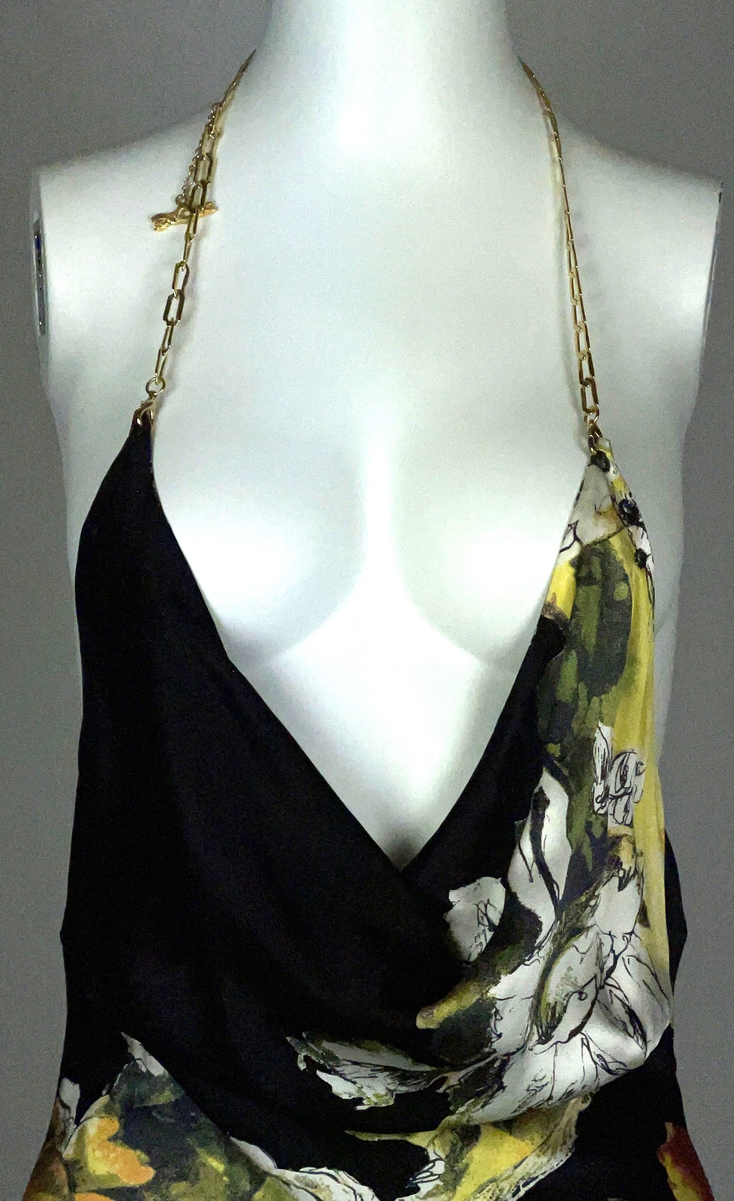2003 Roberto Cavalli Plunging Black Amor Print Silk Mermaid Maxi Dress w Gold Chain Strap