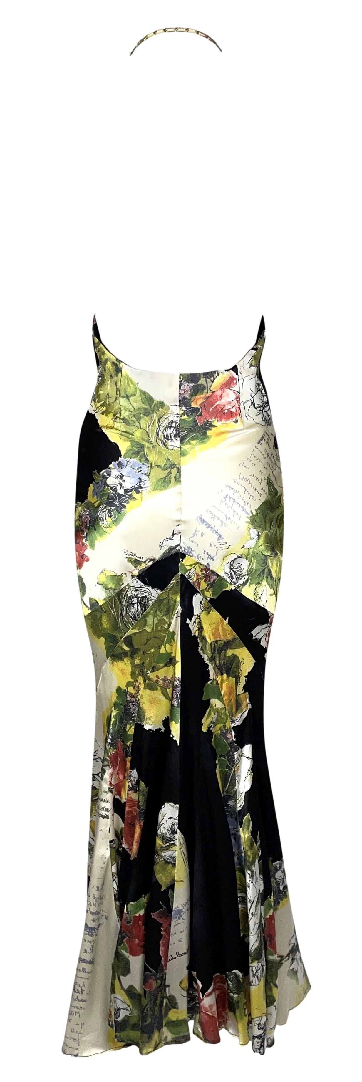 2003 Roberto Cavalli Plunging Black Amor Print Silk Mermaid Maxi Dress w Gold Chain Strap