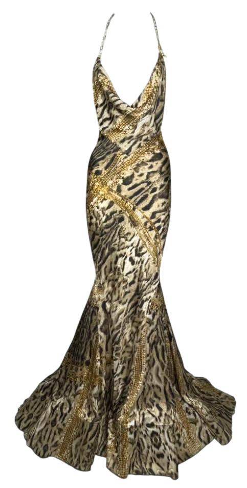F/W 2003 Roberto Cavalli Plunging Satin Gold Chains & Leopard Print Metal Chain Halter Strap Mermaid Gown Dress