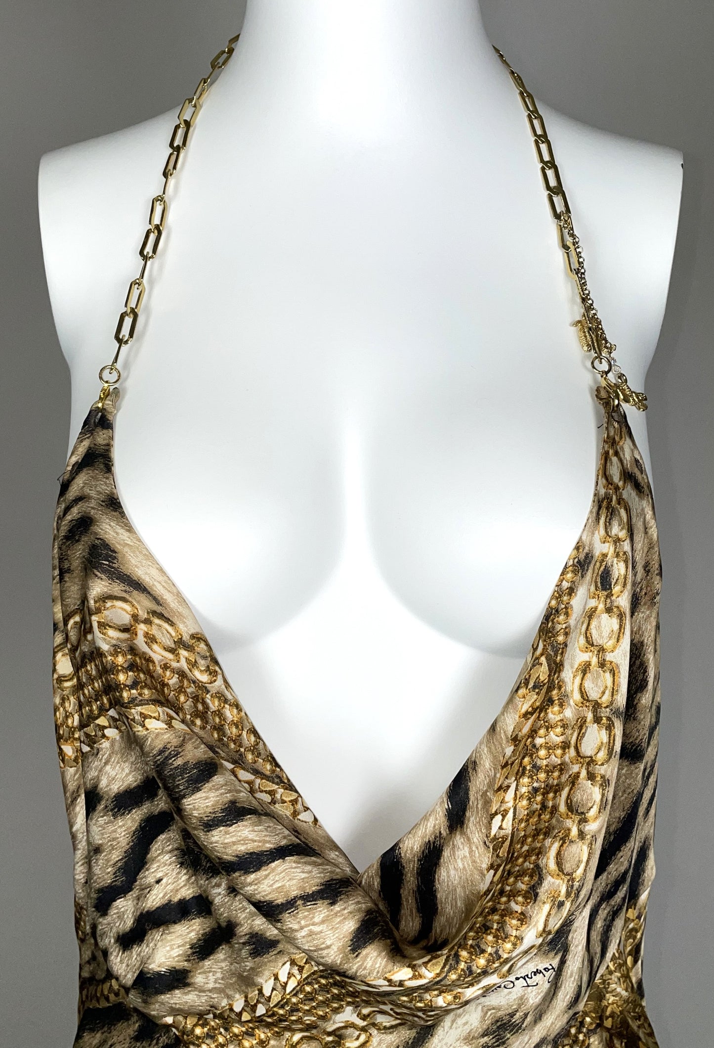 F/W 2003 Roberto Cavalli Plunging Satin Gold Chains & Leopard Print Metal Chain Halter Strap Mermaid Gown Dress