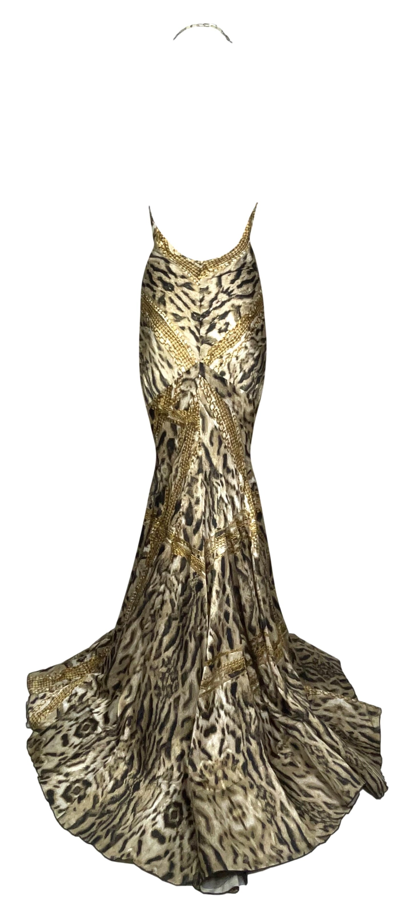 F/W 2003 Roberto Cavalli Plunging Satin Gold Chains & Leopard Print Metal Chain Halter Strap Mermaid Gown Dress