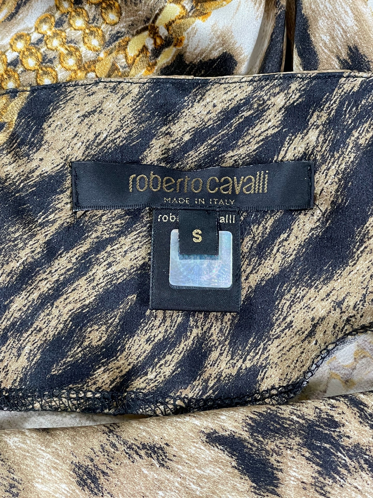 F/W 2003 Roberto Cavalli Plunging Satin Gold Chains & Leopard Print Metal Chain Halter Strap Mermaid Gown Dress