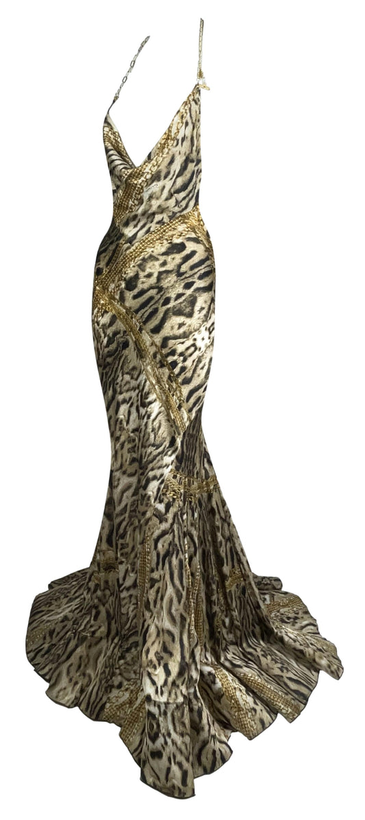 F/W 2003 Roberto Cavalli Plunging Satin Gold Chains & Leopard Print Metal Chain Halter Strap Mermaid Gown Dress