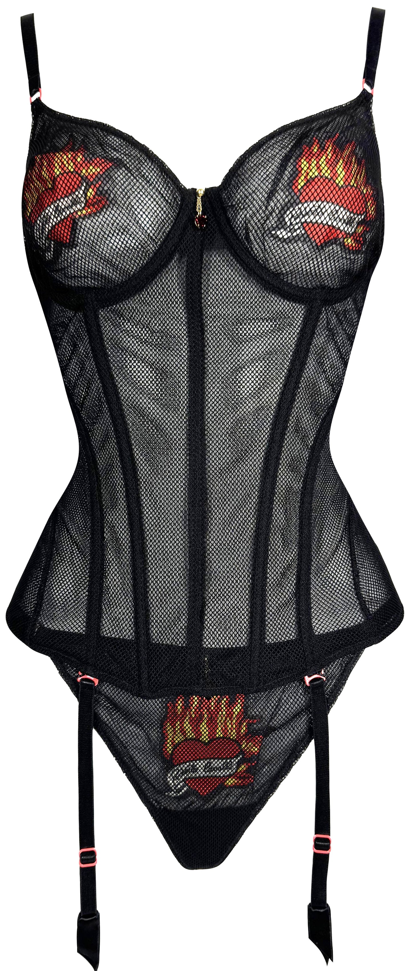 2003 Roberto Cavalli Sheer Black Fishnet Heart & Flames Tattoo Corset Bustier Panty Lingerie Set