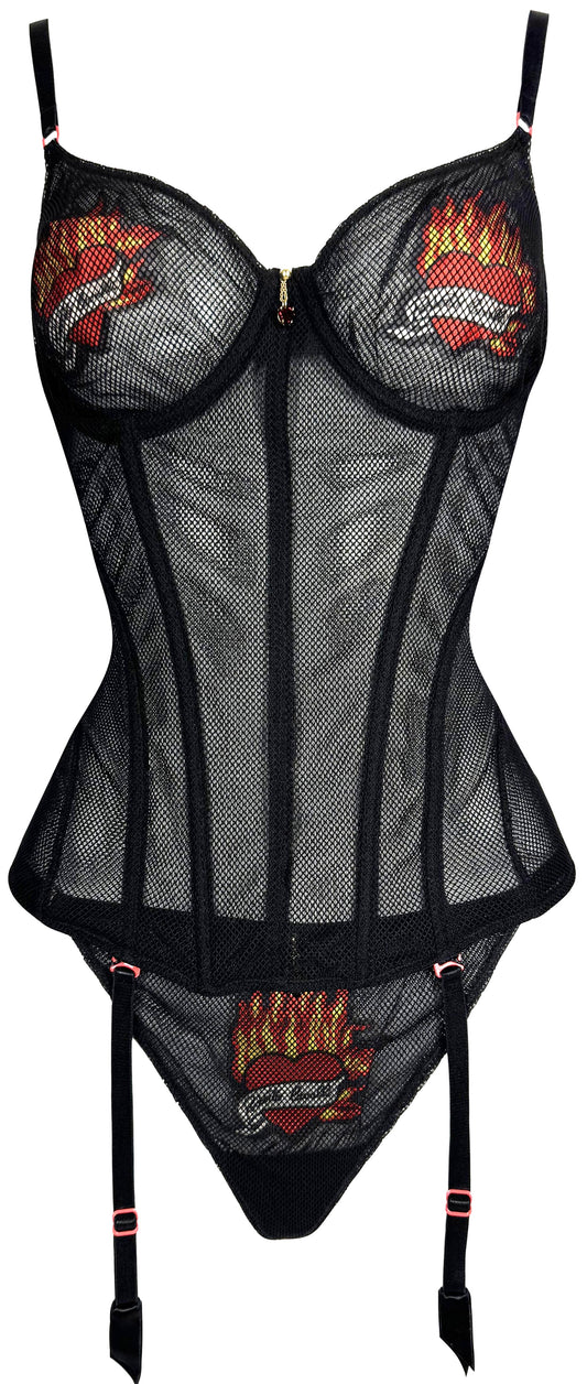 2003 Roberto Cavalli Sheer Black Fishnet Heart & Flames Tattoo Corset Bustier Panty Lingerie Set