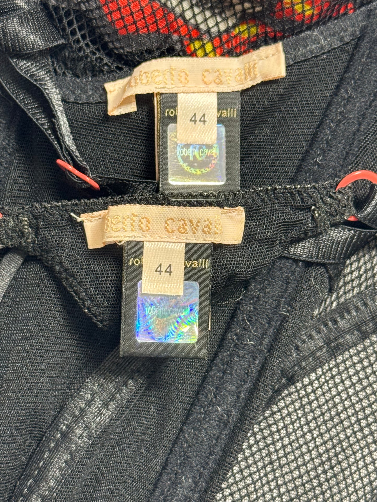 2003 Roberto Cavalli Sheer Black Fishnet Heart & Flames Tattoo Corset Bustier Panty Lingerie Set