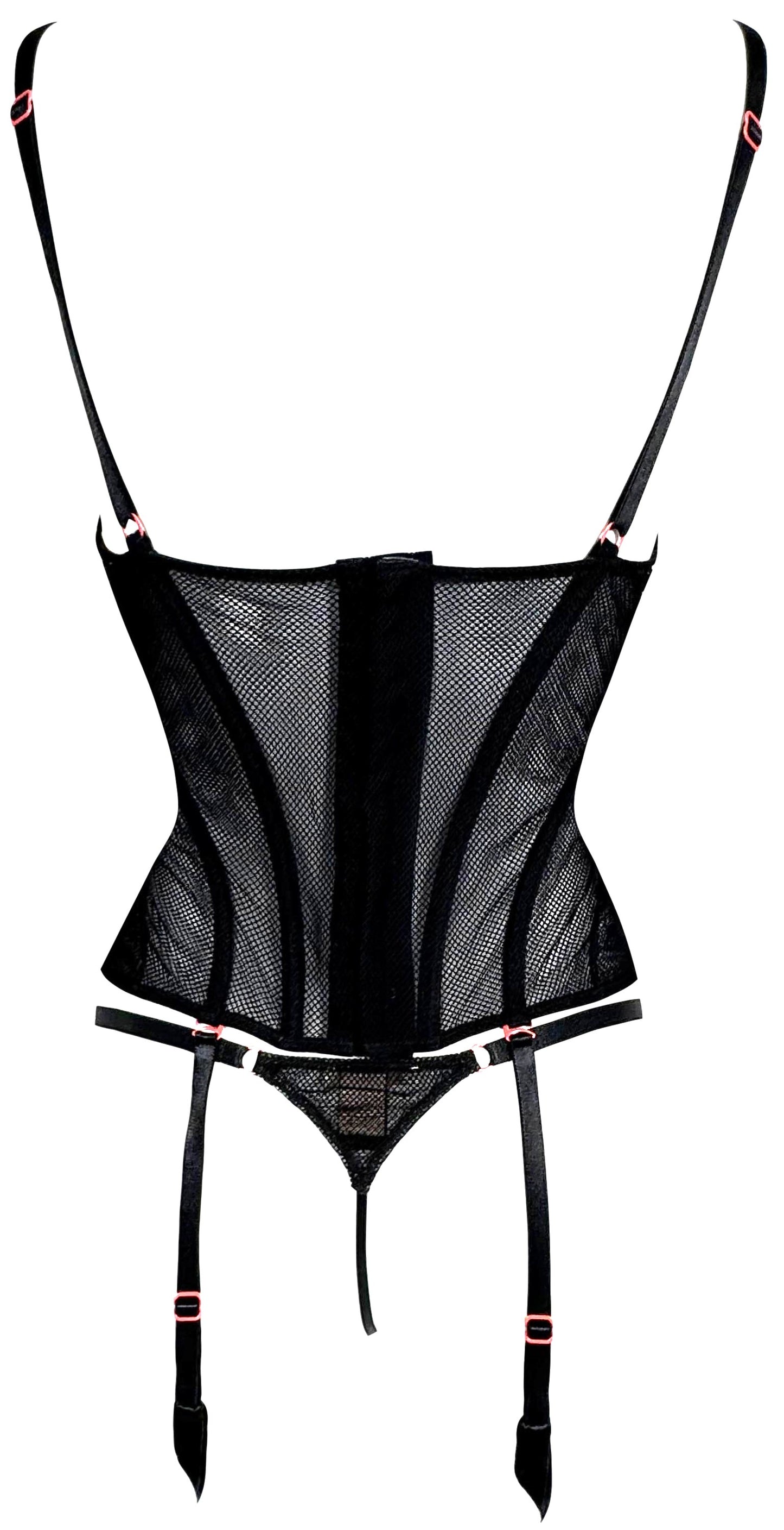 2003 Roberto Cavalli Sheer Black Fishnet Heart & Flames Tattoo Corset Bustier Panty Lingerie Set