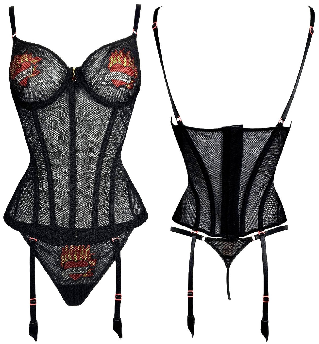 2003 Roberto Cavalli Sheer Black Fishnet Heart & Flames Tattoo Corset Bustier Panty Lingerie Set