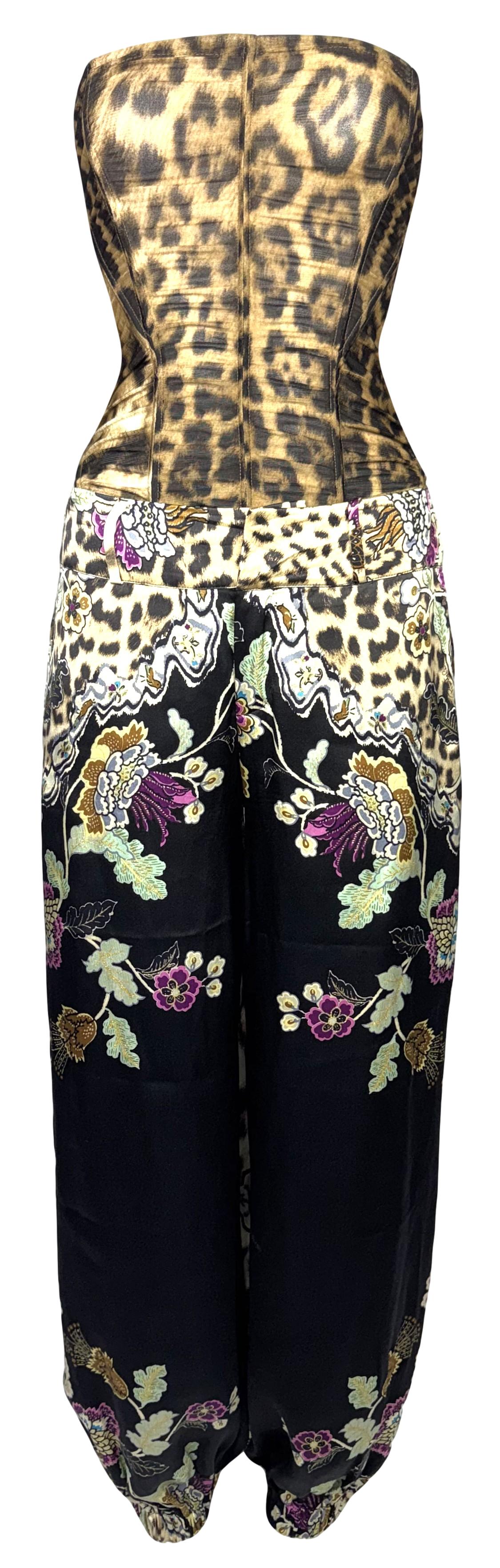 2003 Roberto Cavalli Sheer Strapless Mesh Leopard Bodysuit & Chinoiserie Print High Rise Baggy Harem Pants Set