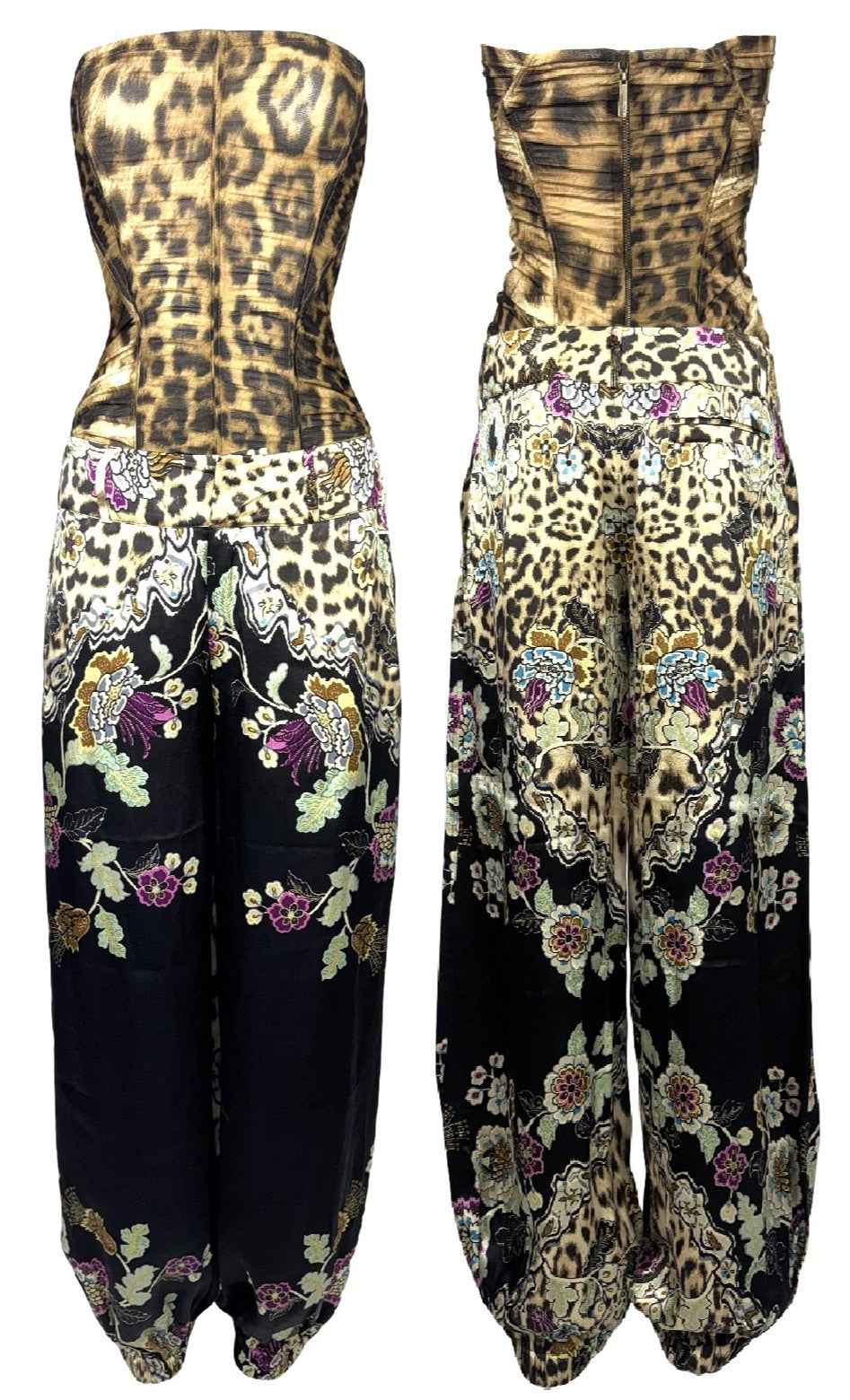 2003 Roberto Cavalli Sheer Strapless Mesh Leopard Bodysuit & Chinoiserie Print High Rise Baggy Harem Pants Set